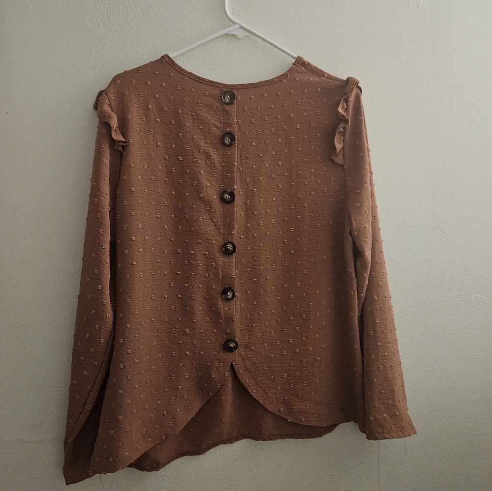 Size Medium Women's Brown Ruffle Sleeve Top - Picture 3 of 3